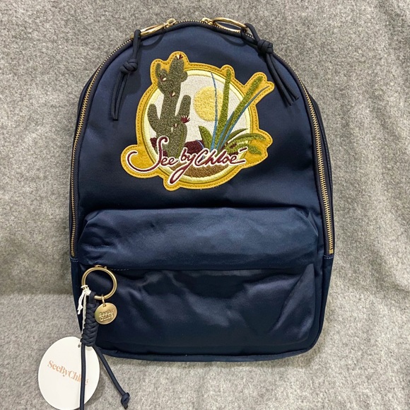 NWT See by Chloe Satin Cactus Patch Medium Backpack Dark Navy - Picture 1 of 12